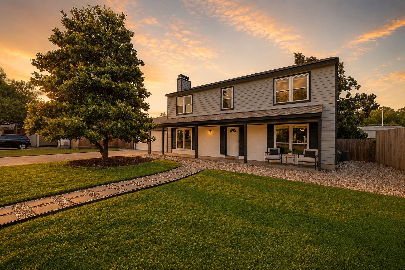 Front porch and walkway at sunset