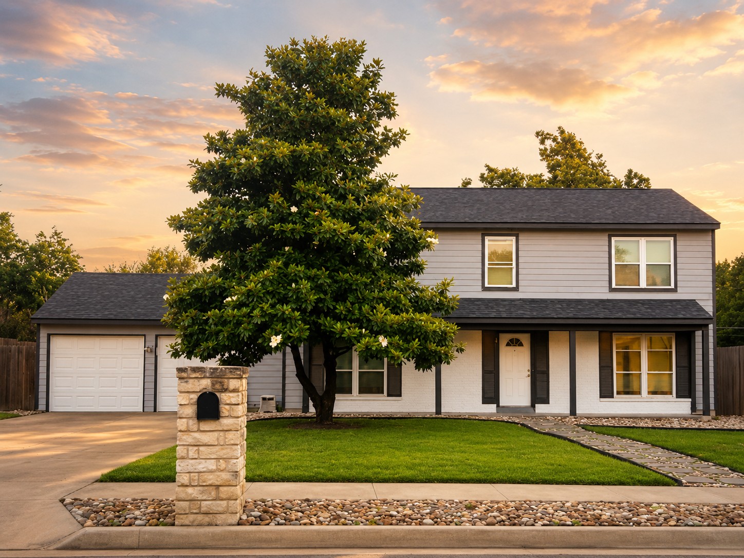 Front exterior with mature magnolia tree at sunset